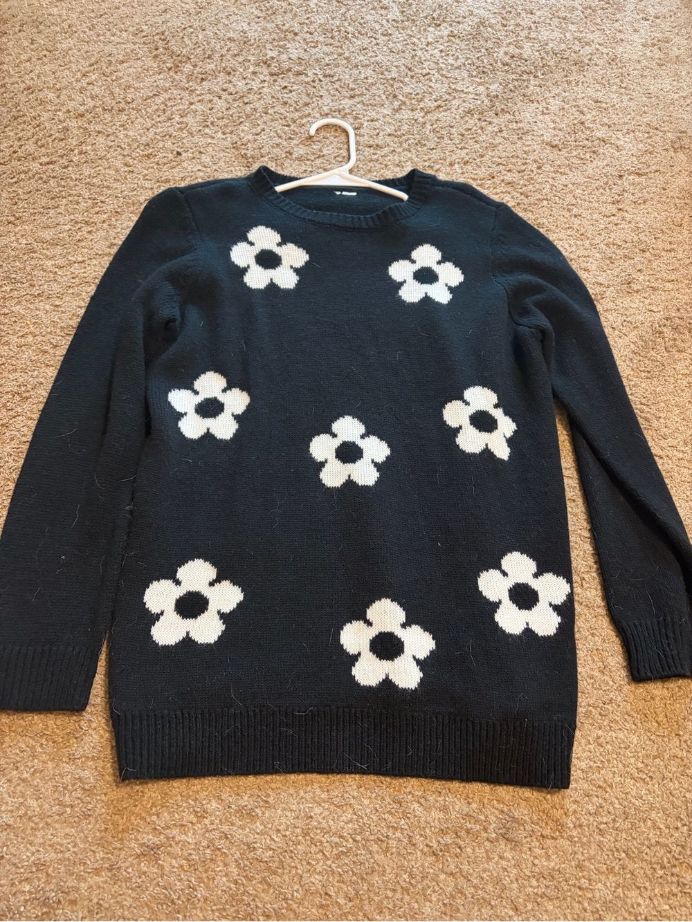 Black Crewneck Sweater with White Daisy Pattern